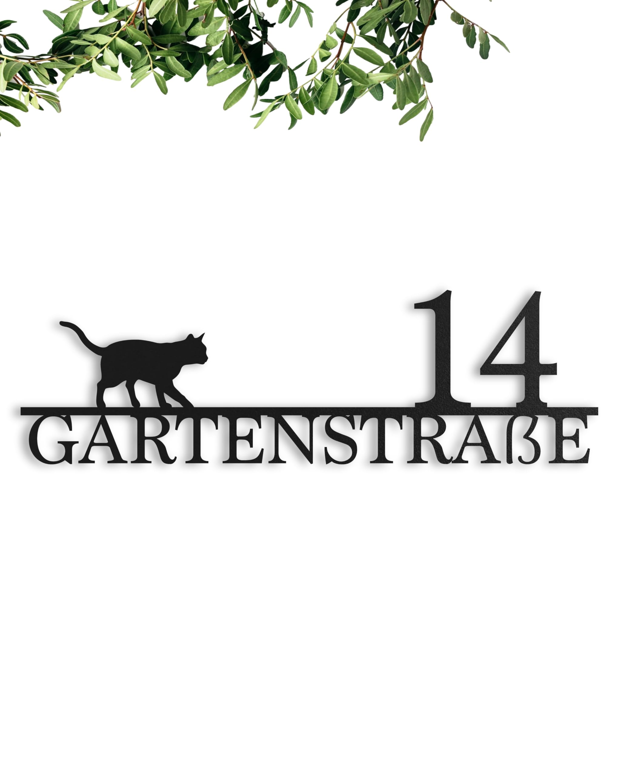 Steelmonks Straßenschild mit Hausnummer. Metall Adressschild und Plakette als Haustürschild oder Einweihungsgeschenk (Straßenschild mit Katze)