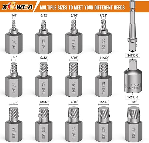 Miniatura 2 de XEWEA Juego de extractor de tornillos mejorado de 15 piezas, kit de herramienta de extracción de tornillos y pernos pelados de 38" de pulgada, de