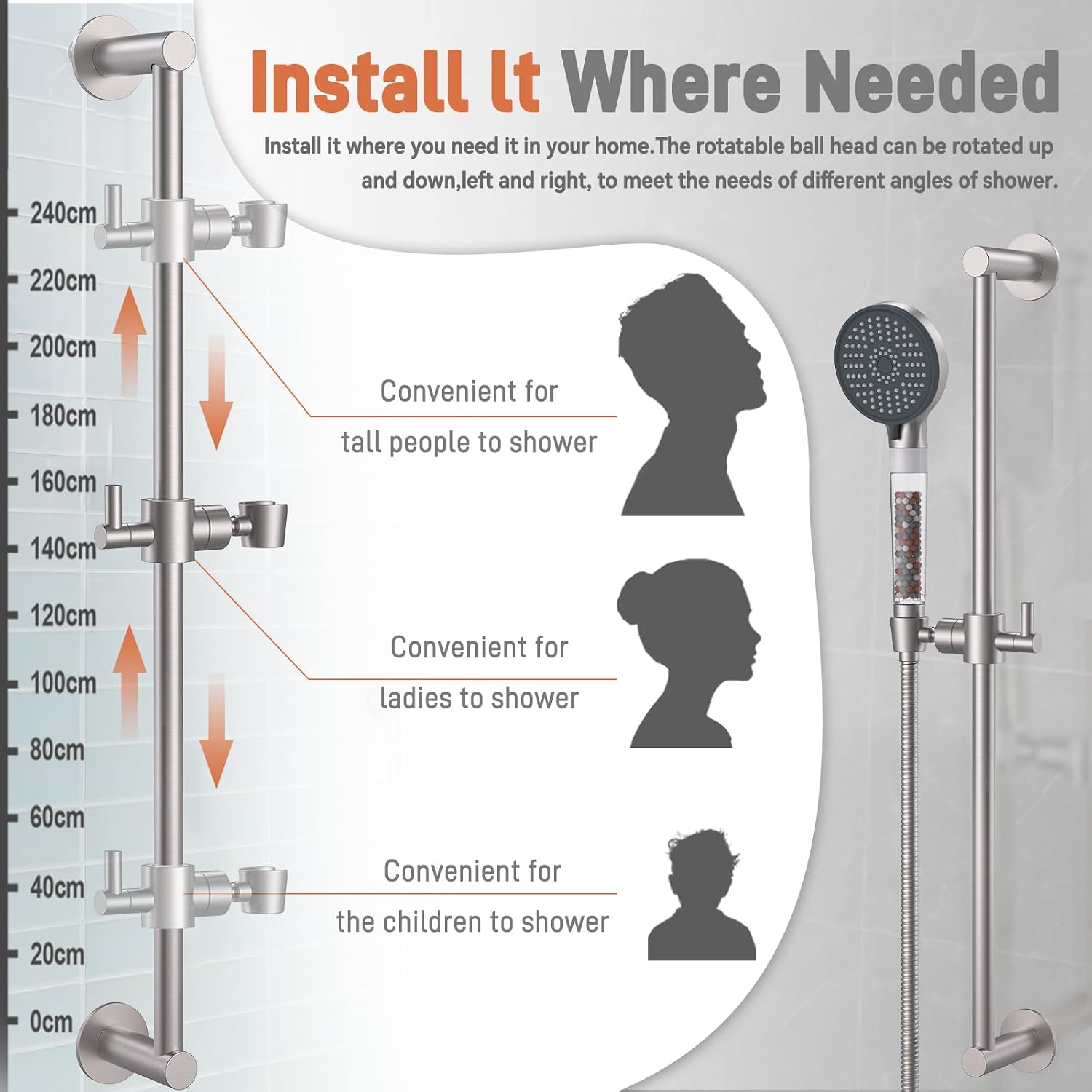 YDmeet Filtered Handheld Showerhead with 30-Inch Shower Slide Bar Set, 3-Mode Spray Setting, Long Metal Hose, Extra 6 Packs Replacement Mineral Balls for Refills, Brushed Nickel