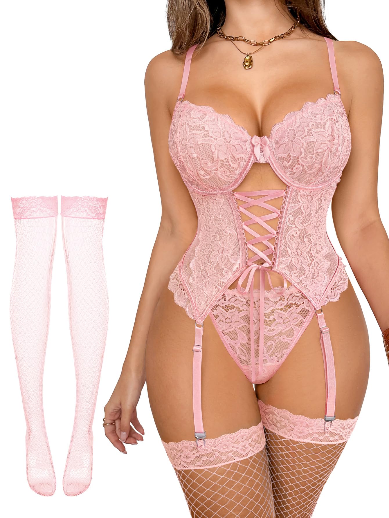 Lilosy Sexy Lace Push Up Corset Garter 3 Piece Lingerie Set