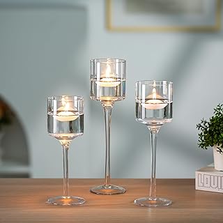 NUPTIO Tealight Candle Holders Glass: Set of 3 Long Stemmed Candle Stands for Dinner Table Centerpiece - Monet Candleholders Pillar Floating Candles