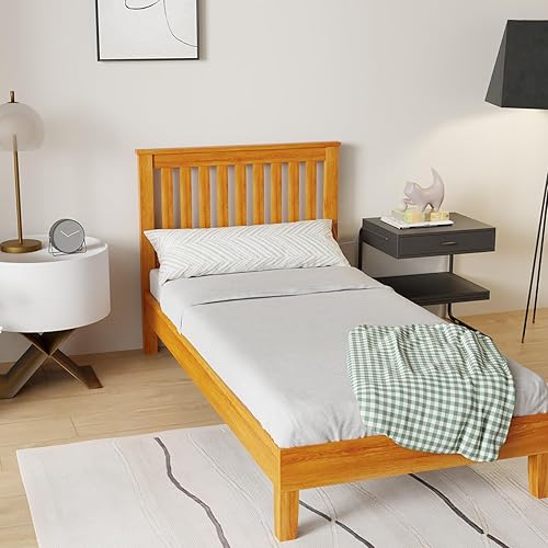 Miniatura 7 de PayLessHere Marco de cama de plataforma de madera, sin cabecero, no necesita somier, soporte de listones de madera, sin ruido, fácil de montar,