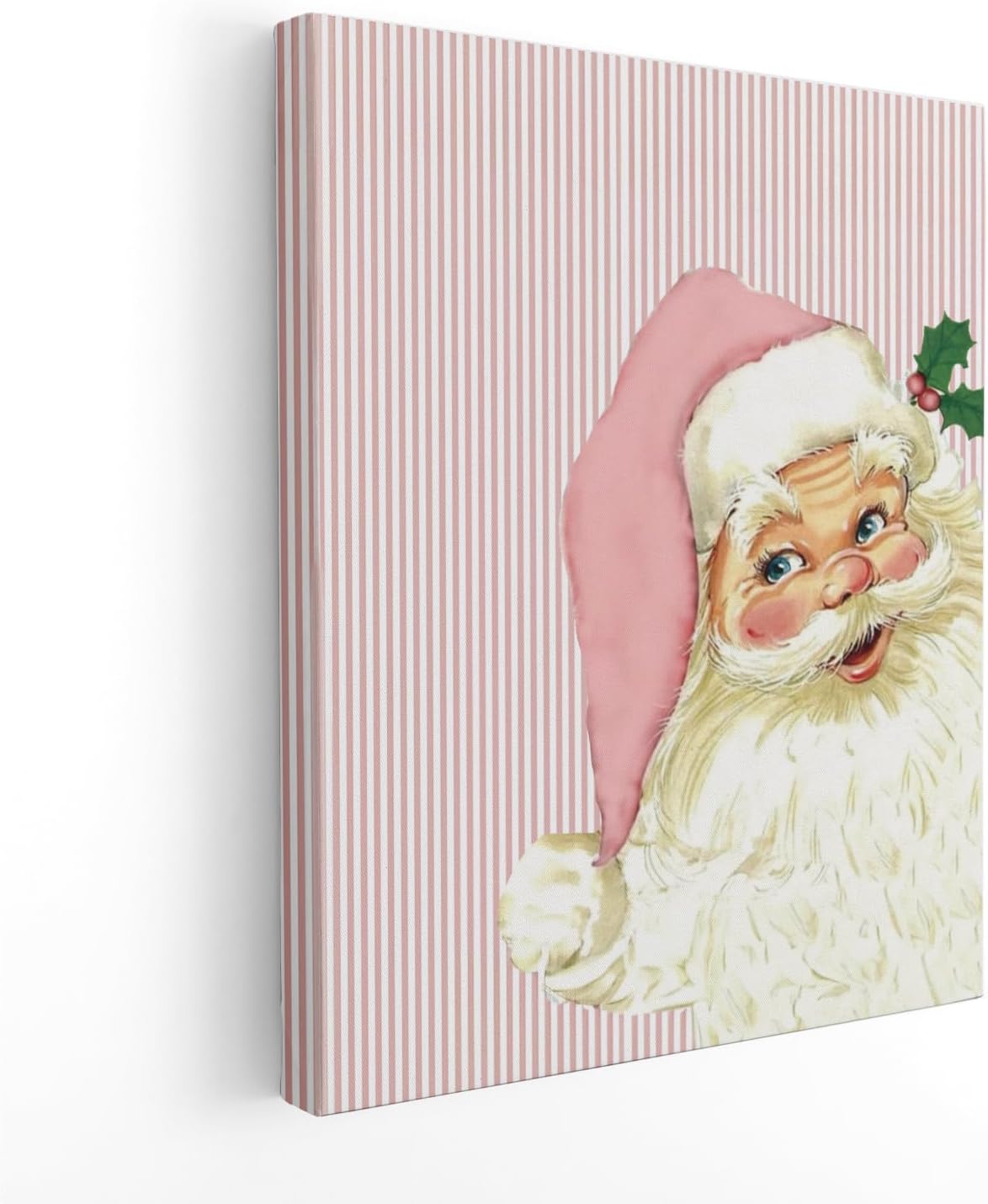 Pink Christmas Santa Wall Art Decor, Pink Christmas Decor, Funny Retro Santa Holly Berry Xmas Holiday Poster Canvas Prints Pictures Wall Decorations for Living Room Bedroom, 11x14 Inch Framed