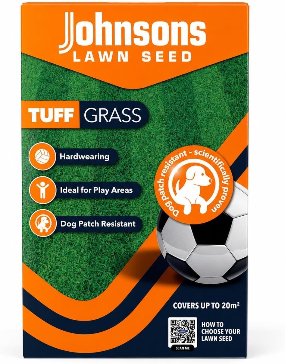 Johnsons Lawn Seed Tuffgrass 425g – Covers 20m², Hardwearing Grass Seed with Dog Patch Resistance for New Lawns, Overseeding and Patching