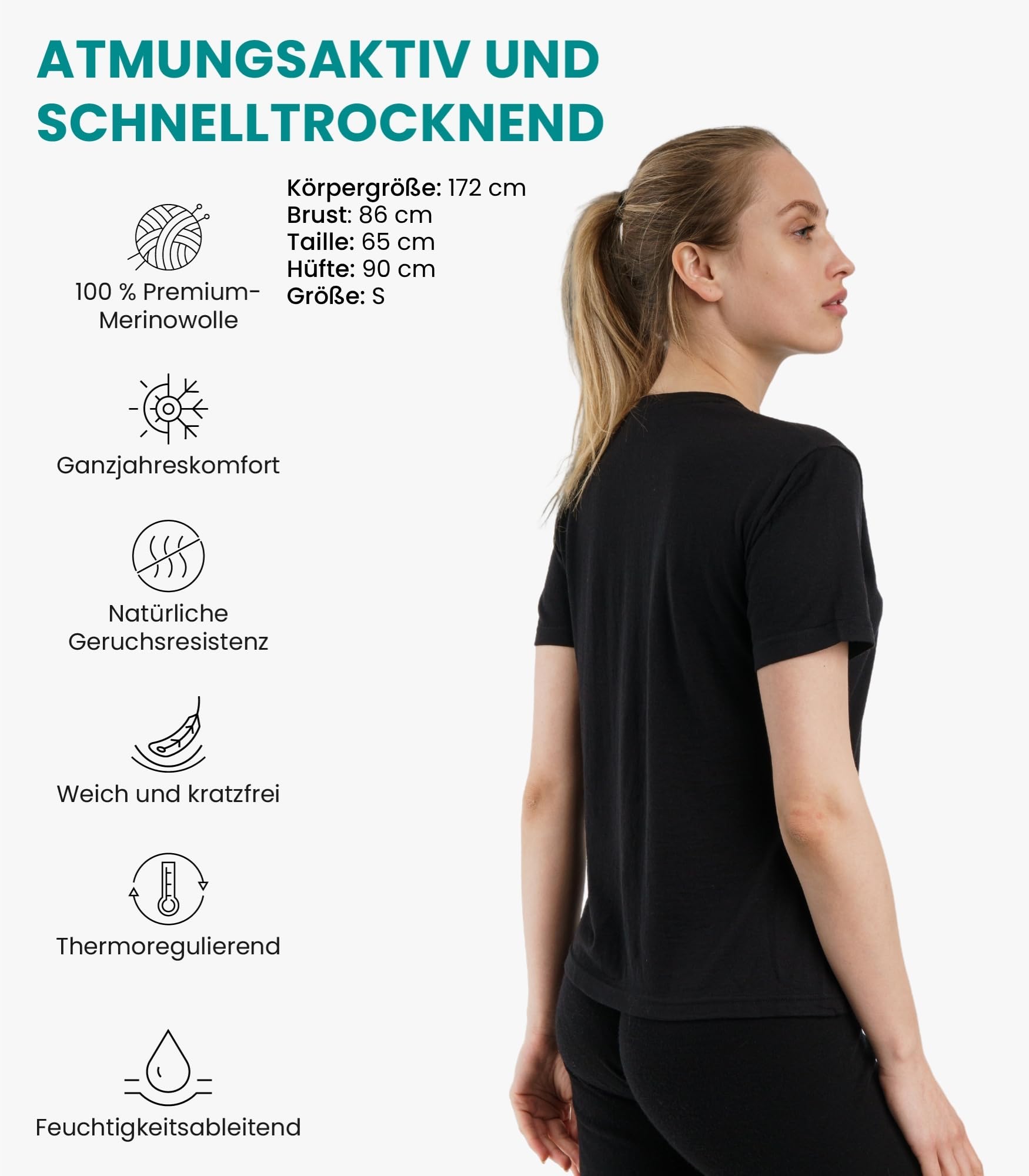 Merino Damen Shirt Kurzarm (XL, Solid Black)
