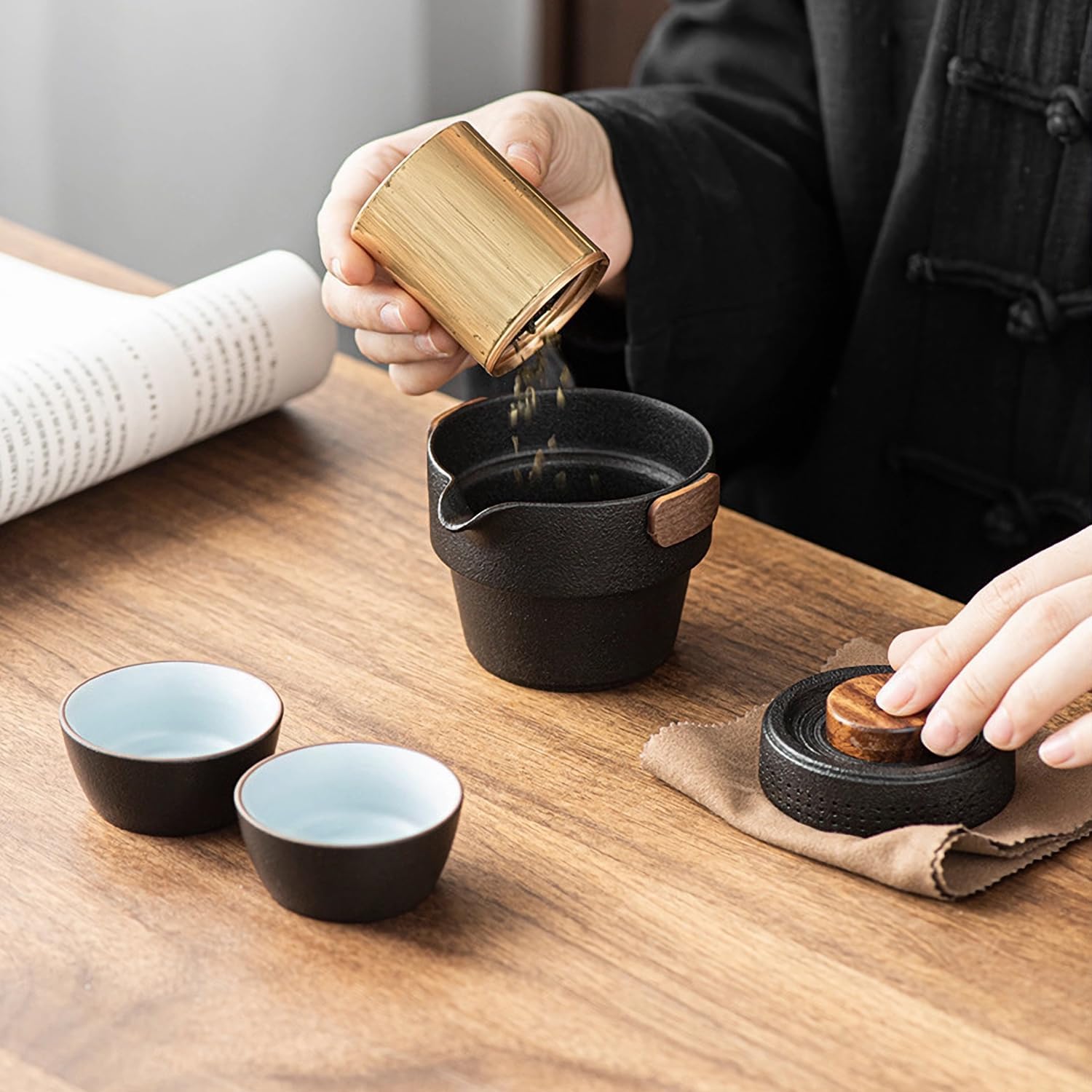 Portable Teapot Set, Portable Kung Fu Tea Set Mini Traveling Chinese Ceramic Teapot with 3 Cups All in One Travel Bag - Ideal for Travel Camping Picnic - Image 2