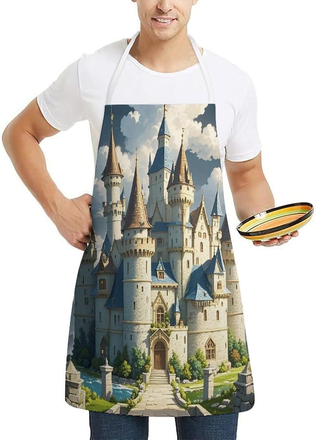 Fairytale Castle Chef Apron Lightweight Soft Adjustable Bib Apron Cute Restaurant Work Aprons Washable Cooking Kitchen Aprons for Men Women Waiters
