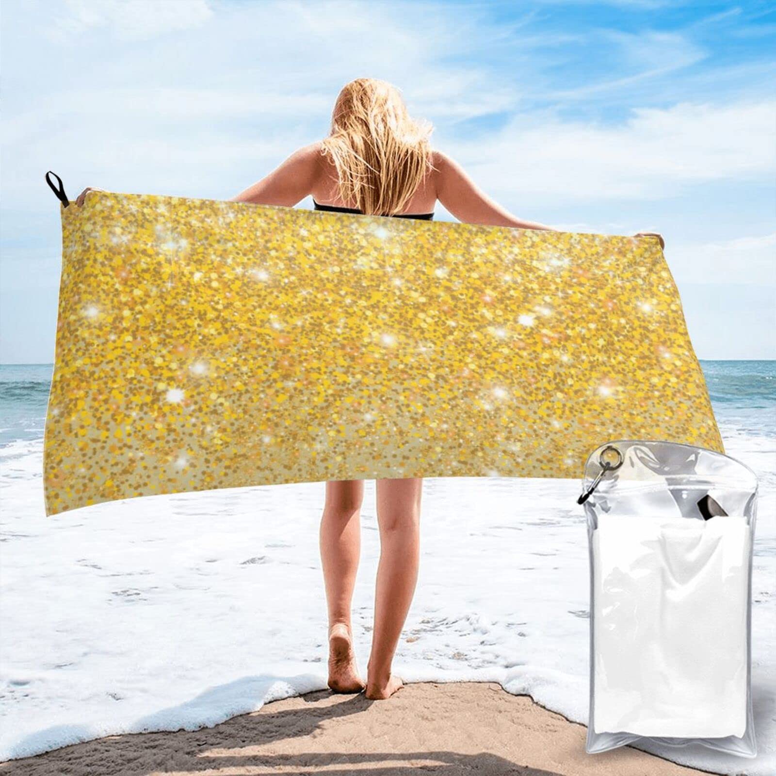 Lawenp Yellow Brown Glitter Microfiber Beach Towel Adults Large Quick Drying Bath Towel Travel Towels with Pouch 31.5"x63"