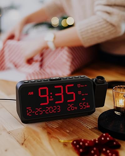 Miniatura 8 de Reloj despertador de proyección para dormitorio, reloj digital con fecha y día de la semana para ancianos, temperatura y humedad, alarma dual con