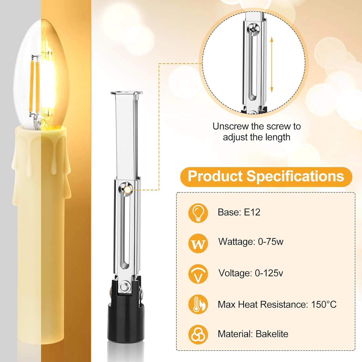 Riakrum 20 Set E12 Length Adjustable Bulb Socket Chandelier Socket with Cardboard Insulator and 4" Wax Dripping Plastic Candle Cover Sleeve, Lamp Repair Kit for Chandelier Candle Base(Cream)