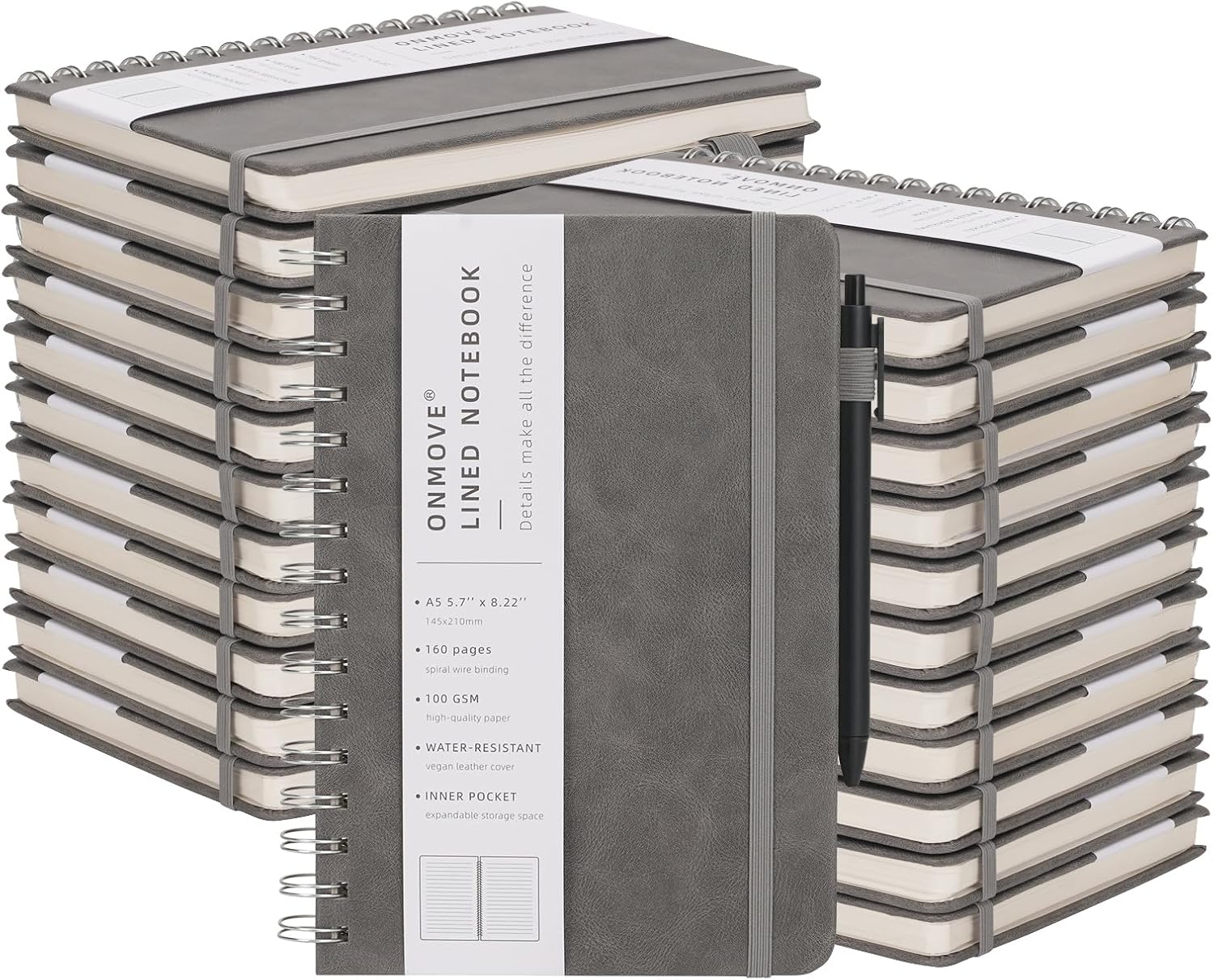 Spiral Notebooks Journal for Women Men 24 Pack Bulk Leather Hardcover with Pen Holder A5 160 Pages 100 GSM Thick Paper for Work School (Gray)