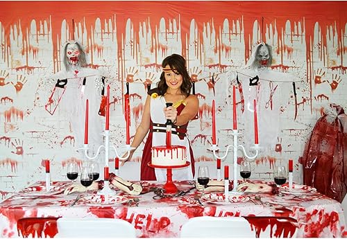 Miniatura 7 de Mantel de Halloween sangriento, desechable, horrible y sangriento, mantel de Halloween, mantel aterrador, decoración de Halloween, mantel de mesa