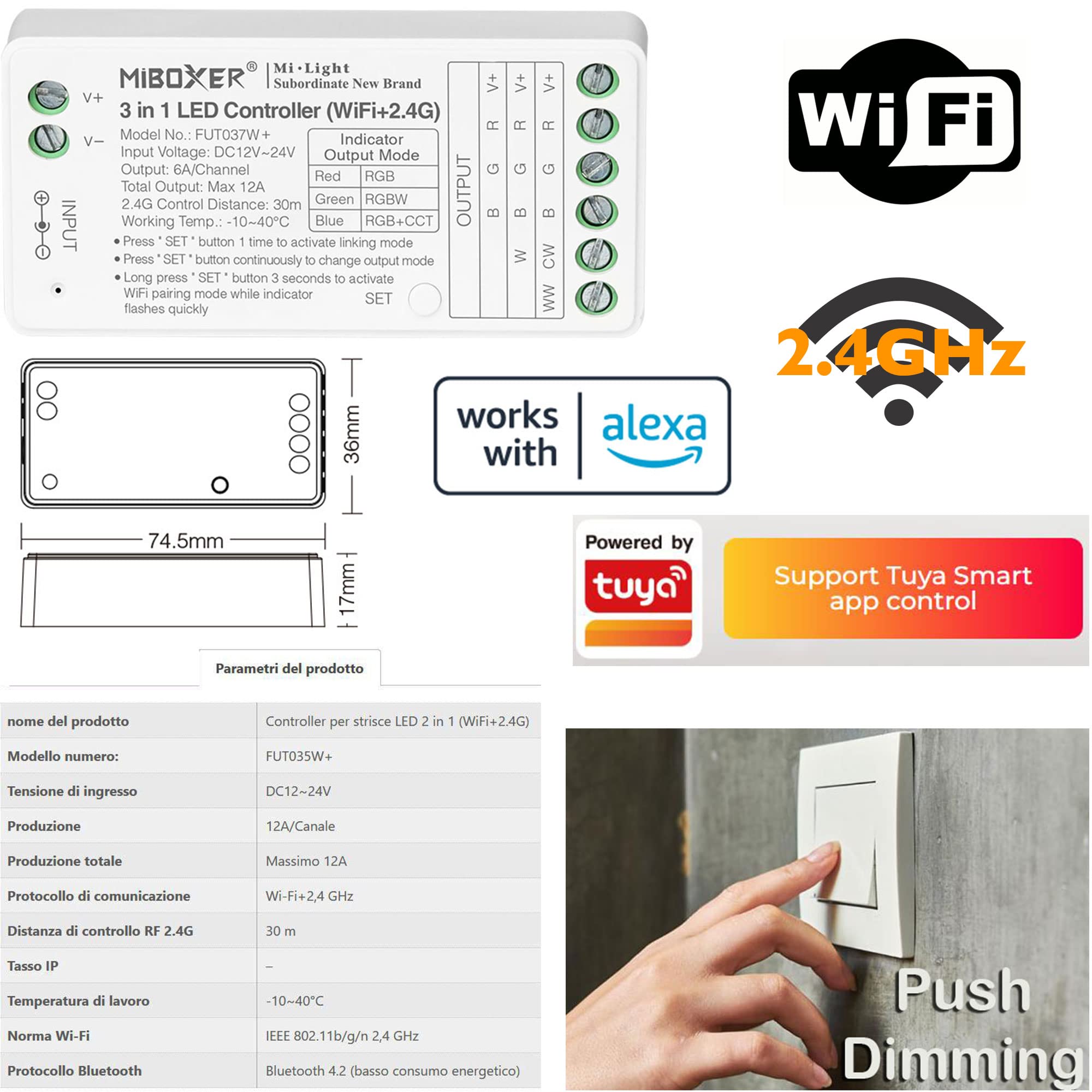 Striscia Led da 5 Metri + 1 Trasformatore Slim da 150w + 1 Controller Dimming Push e WiFi FUT035W Altissima Luminosità 24V Luce Bianco Naturale 4500k smd2835 ip20 Strip