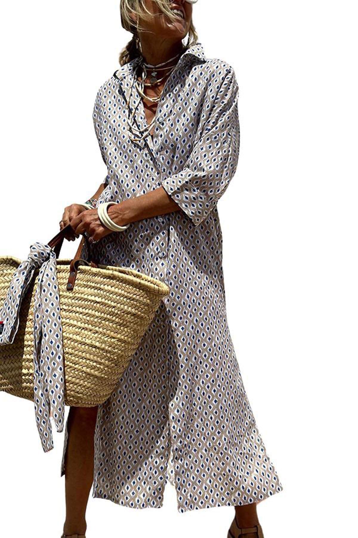 utcoco Womens 2026 Shirt Dress Casual Lapel 3/4 Sleeve Button Down Split Belted Vacation Maxi Dress