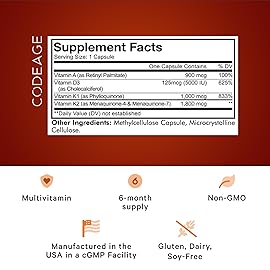 Codeage ADK Vitamins Supplement - Essential Vitamin A, D3 5000 IU, K1 & K2 (MK4 & MK7) - 6-Month Supply - 1 Capsule per Serving, Non-GMO, Gluten-Free - 2-Pack