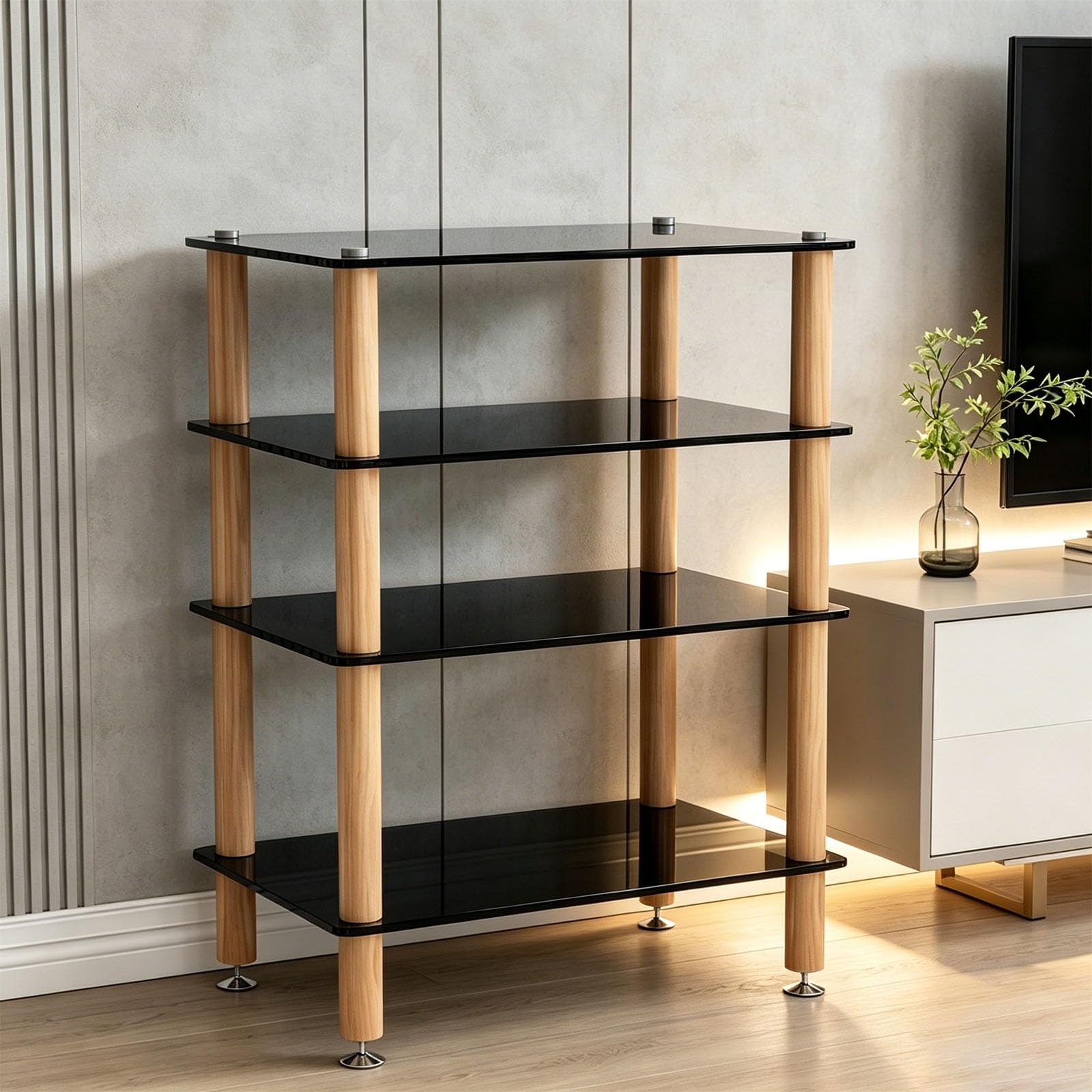 Mueble estéreo antivibración con estantes de vidrio y postes de madera para cine en casa