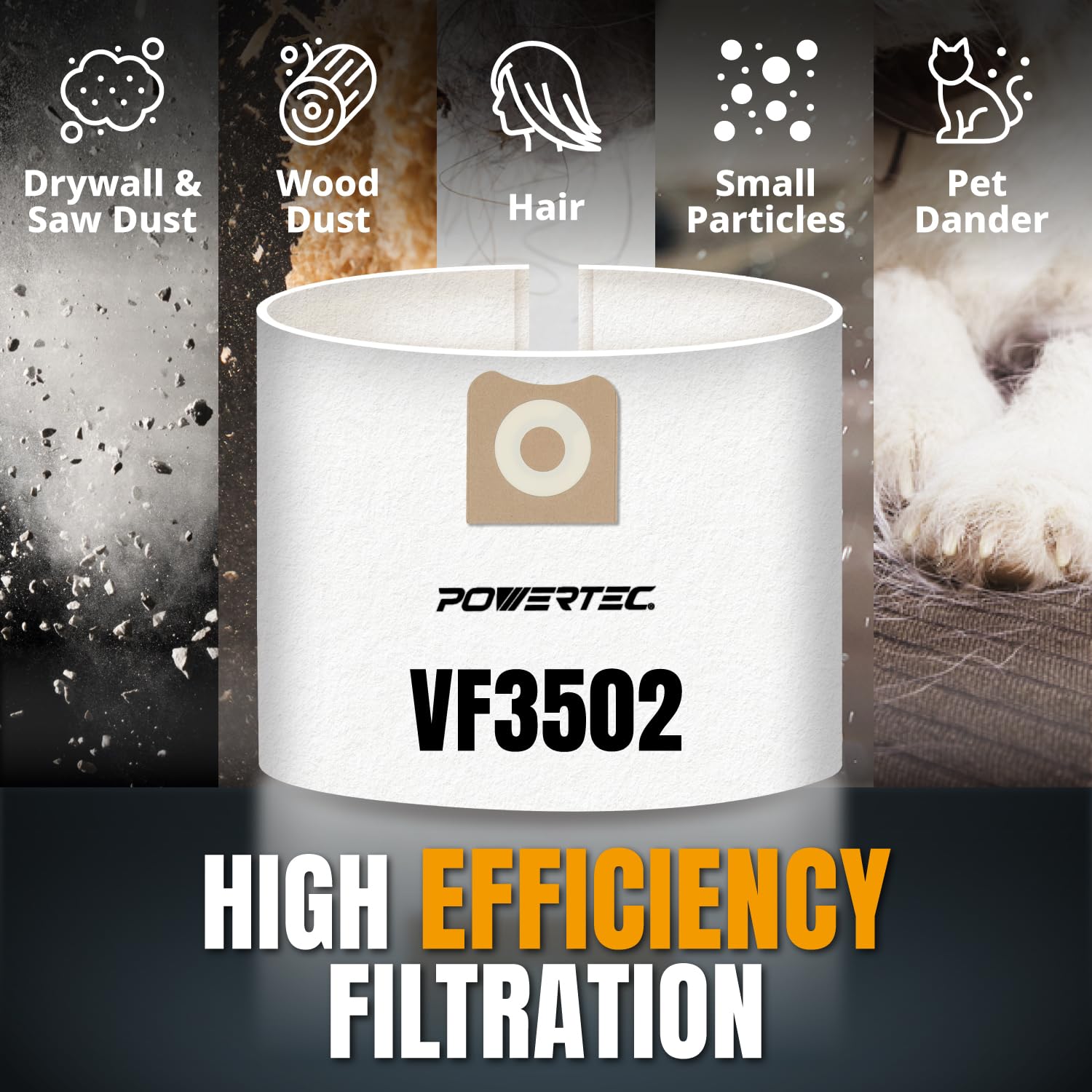 POWERTEC 6PK VF3502 wymienne worki do odkurzaczy na mokro/na sucho, Ridgid Shop Vac Bags pasują do WD1950, WD1956 WD1850 WD1851, WD1450 WD1680 WD1270 (75002P3)