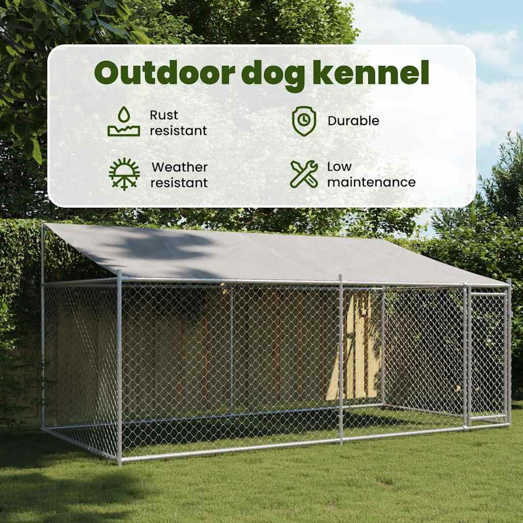 vidaXL Jaula de Perros Techo y Puerta, Perrera de Malla para Cachorros, Corral para Animales, Caseta de Exterior, Acero Galvanizado Gris