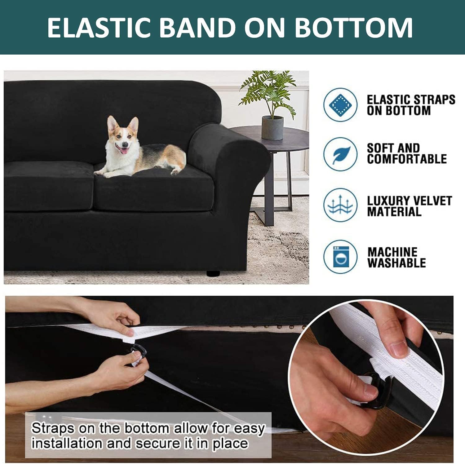 Velvet Armchair Covers Stretch Armchair Slipcovers, 2 Piece Sofa Cover with 1 Seat Cushion Cover, Luxurious Couch Covers Furniture Protector (Color : Black)