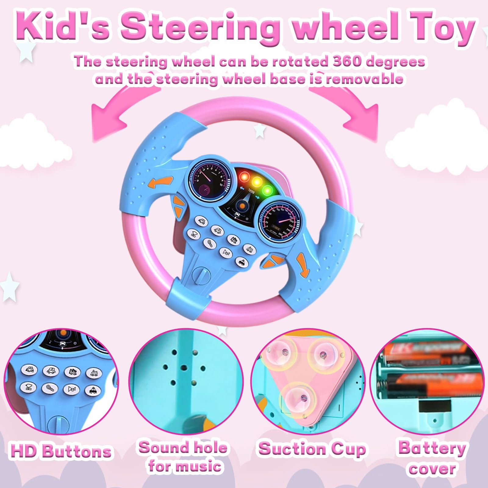 Steering Wheel, Pretend Driving Seat, Simulated Portable Driving Controller Car, Early Education Pretend Games (Powder Blue) - Image 3