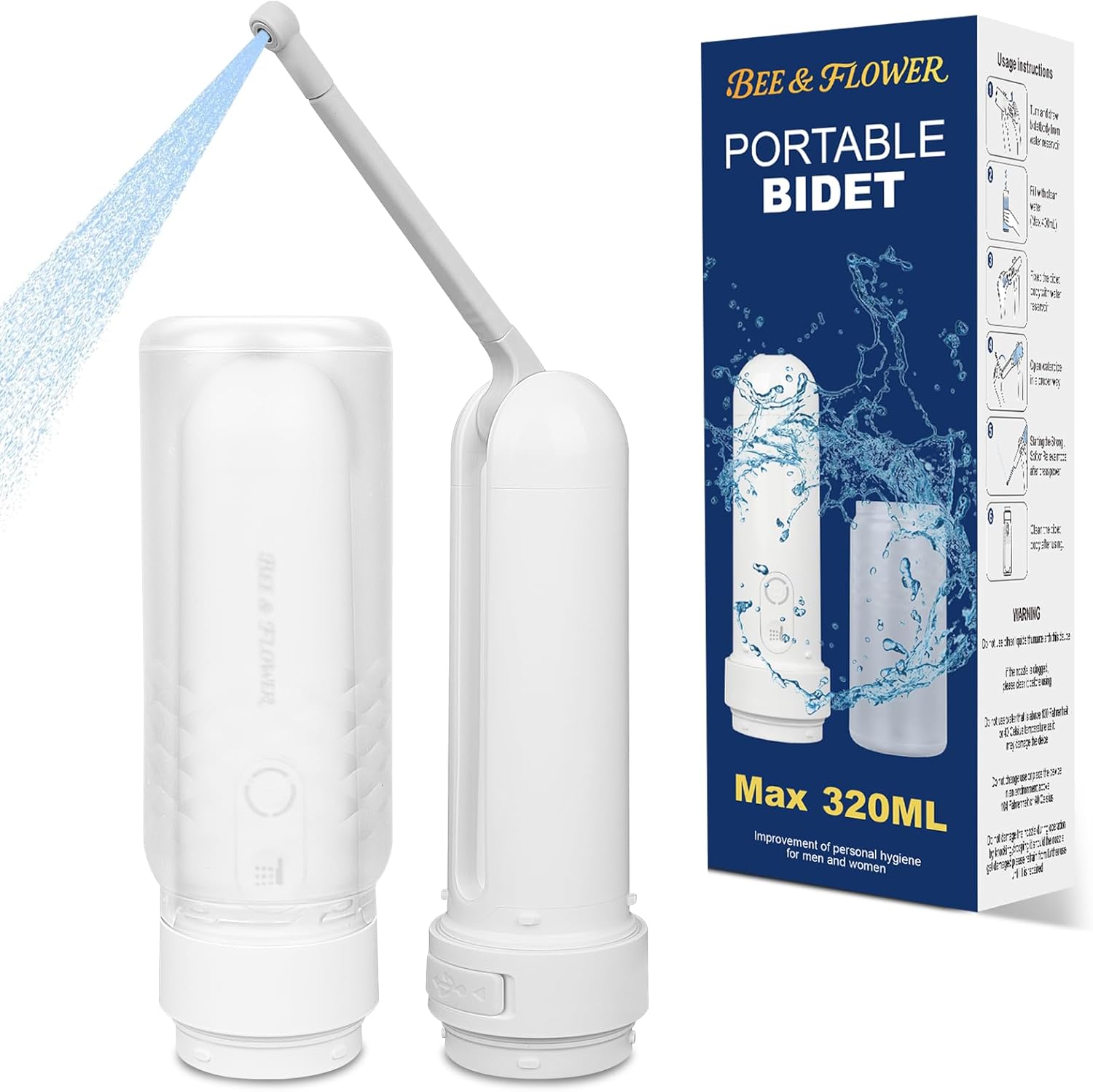 Portable Bidet for Travel 320ML,Rechargeable Handheld Bidet for Women & Men IPX7 Waterproof Toilet Sprayer |Personal Hygiene Sprayer Compact for Postpartum Care (White, 320ml)