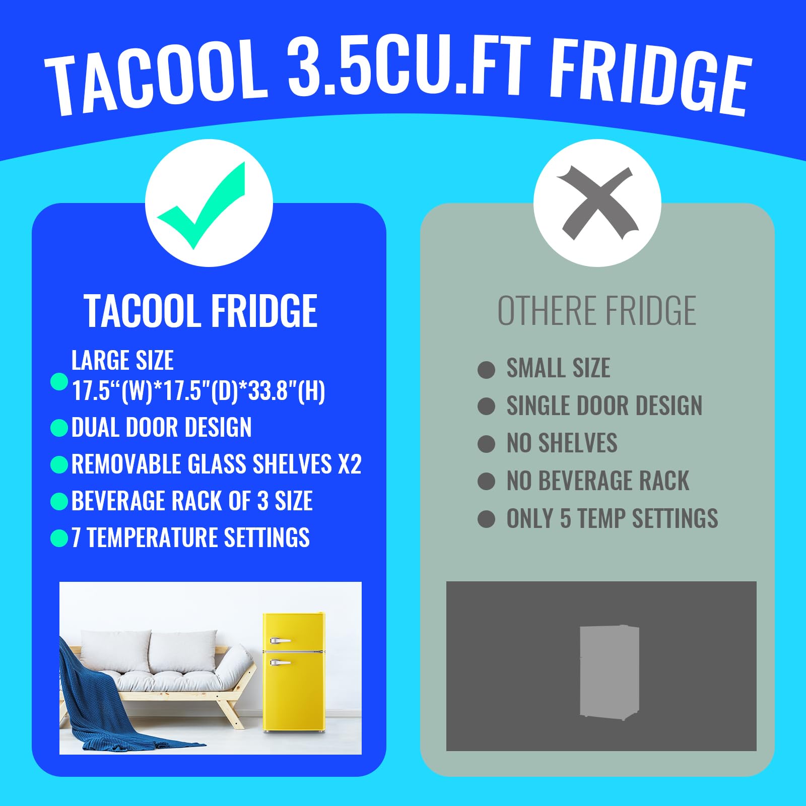Tacool 3.5 Cu.Ft Fridge Dorm Fridge Refrigerator With Adjustable Glass Shelves, 7 Level Temperature Control Suit For Bedroom, Office, Apartment Yellow on Fridge.com - View 5
