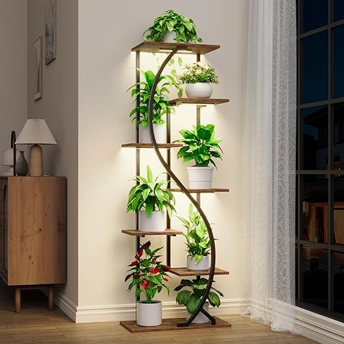 Miniatura 7 de Soporte alto para plantas de 59" con luz de crecimiento para interior, estante de metal de 7 niveles, soporte de exhibición de flores en forma de S,