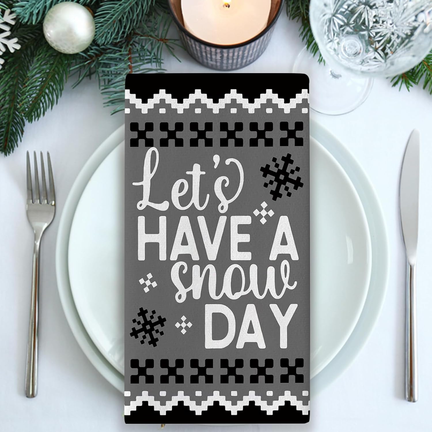 Winter Snowman Grey Black Kitchen Dish Towel, Let's Have A Snow Day Knit Style Drying Hand Towel Baking Cooking Cloth, Christmas Buffalo Plaid Home Decoration 18 x 26 Inches - Image 5