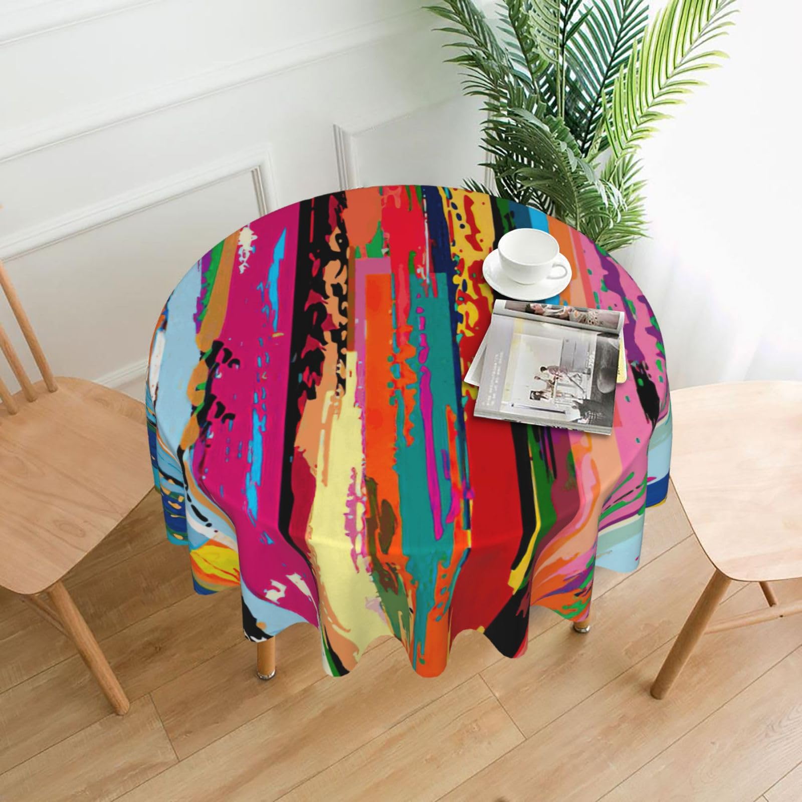 SDEGTHO Rainbow Color Print Modern Retro Round Tablecloth 60in Polyester Fabric Cover for Party Dining Table Washable