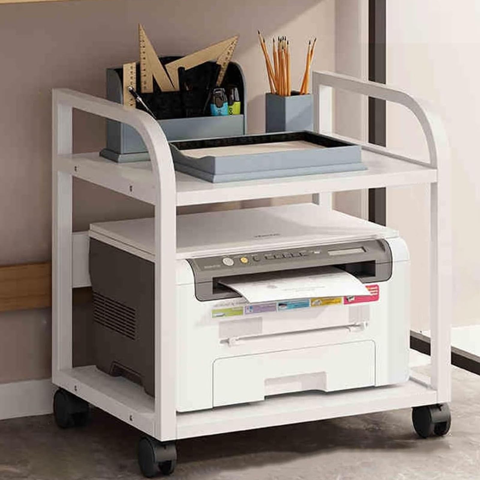 Carrello multifunzione per stampante su ruote, ripiano a 2/3/4 ripiani per forniture per ufficio, supporto per stampante resistente, elegante bianco e noce, perfetto per uso domestico e ufficio