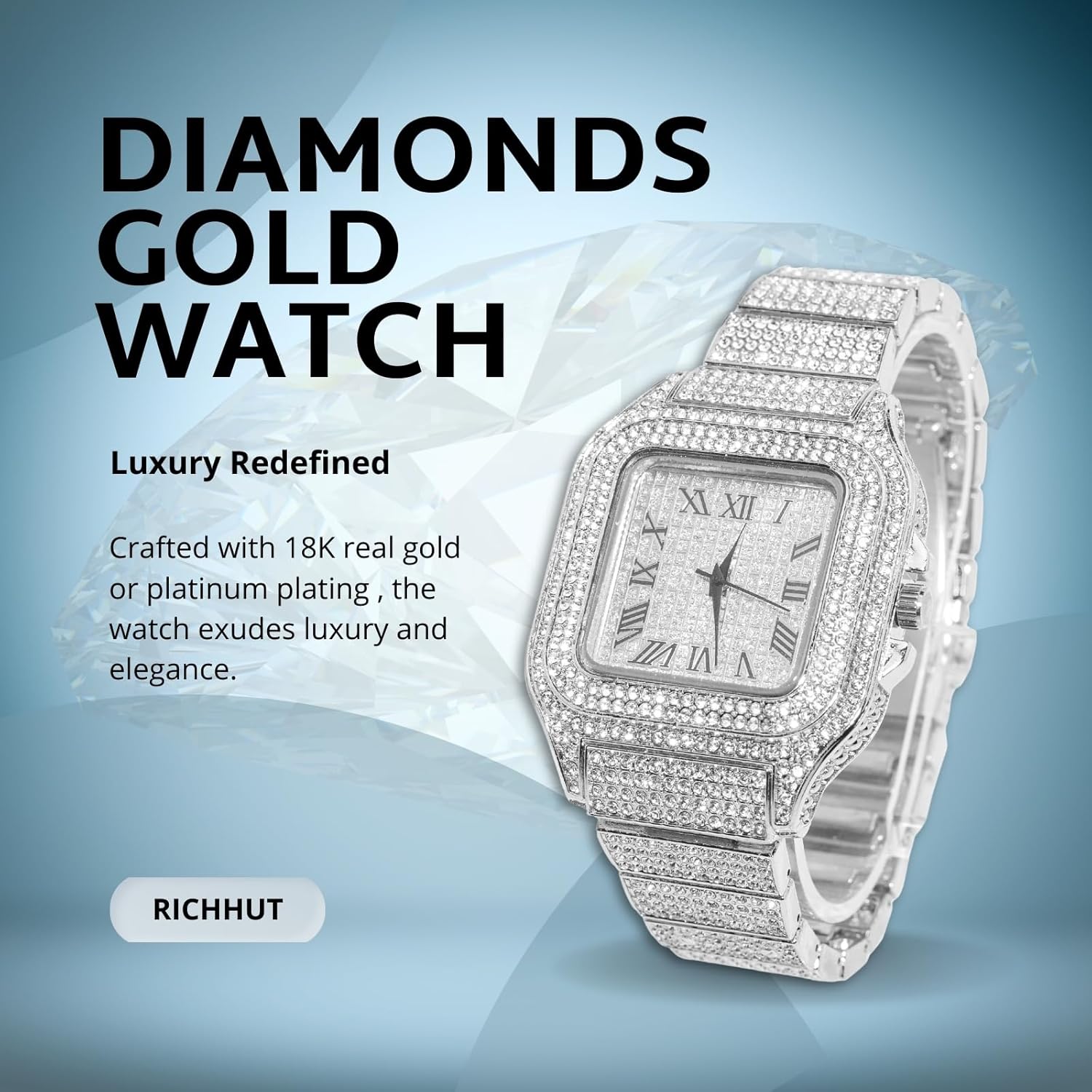Diamond Watch for Men Guys - Square Dial - Iced Out 20MM Wide Wristband 18k Real Gold/White Gold Platinum Plated, with Cuban Link Chain Set Optional, Gift for Boyfriend Husband