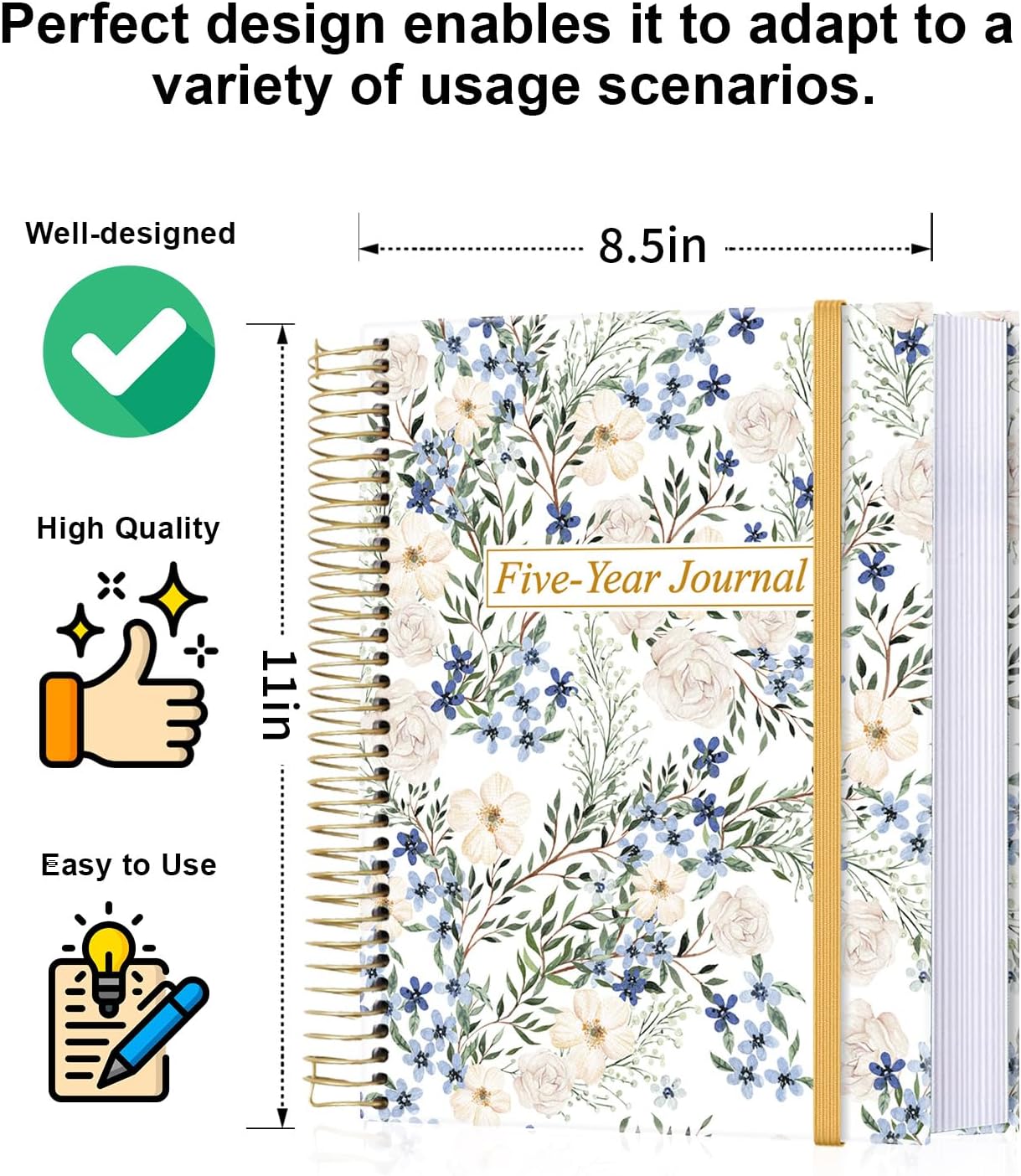 5 Year Journal | One Line a Day Jouranl | Quick and Easy Five Year Daily Journal System | Five Year Day by Day Planner for Woman & Man, 8.5'' x11'', Crushed Flower