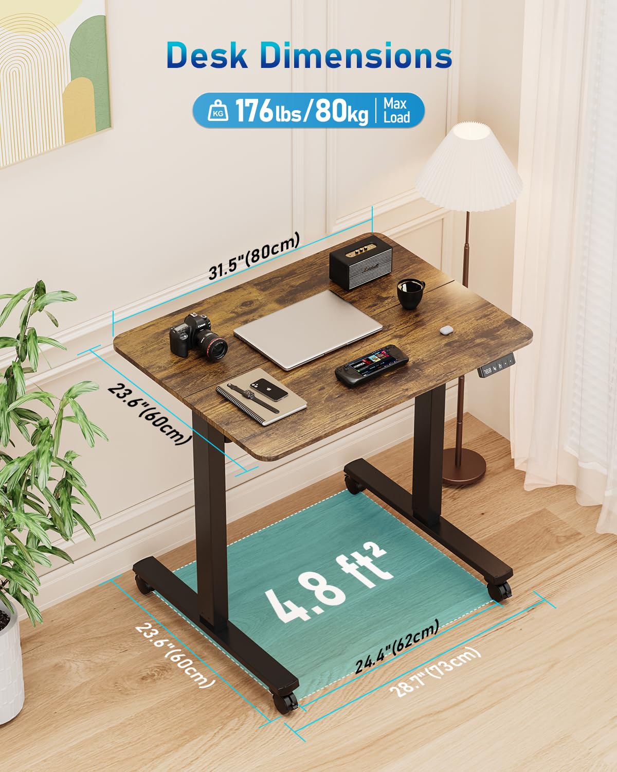 Piccola scrivania elettrica con ruote, 80 x 59,9 cm, regolabile in altezza, con pannello di giunzione, scrivania per computer con memoria per casa e ufficio, telaio nero/piano marrone rustico