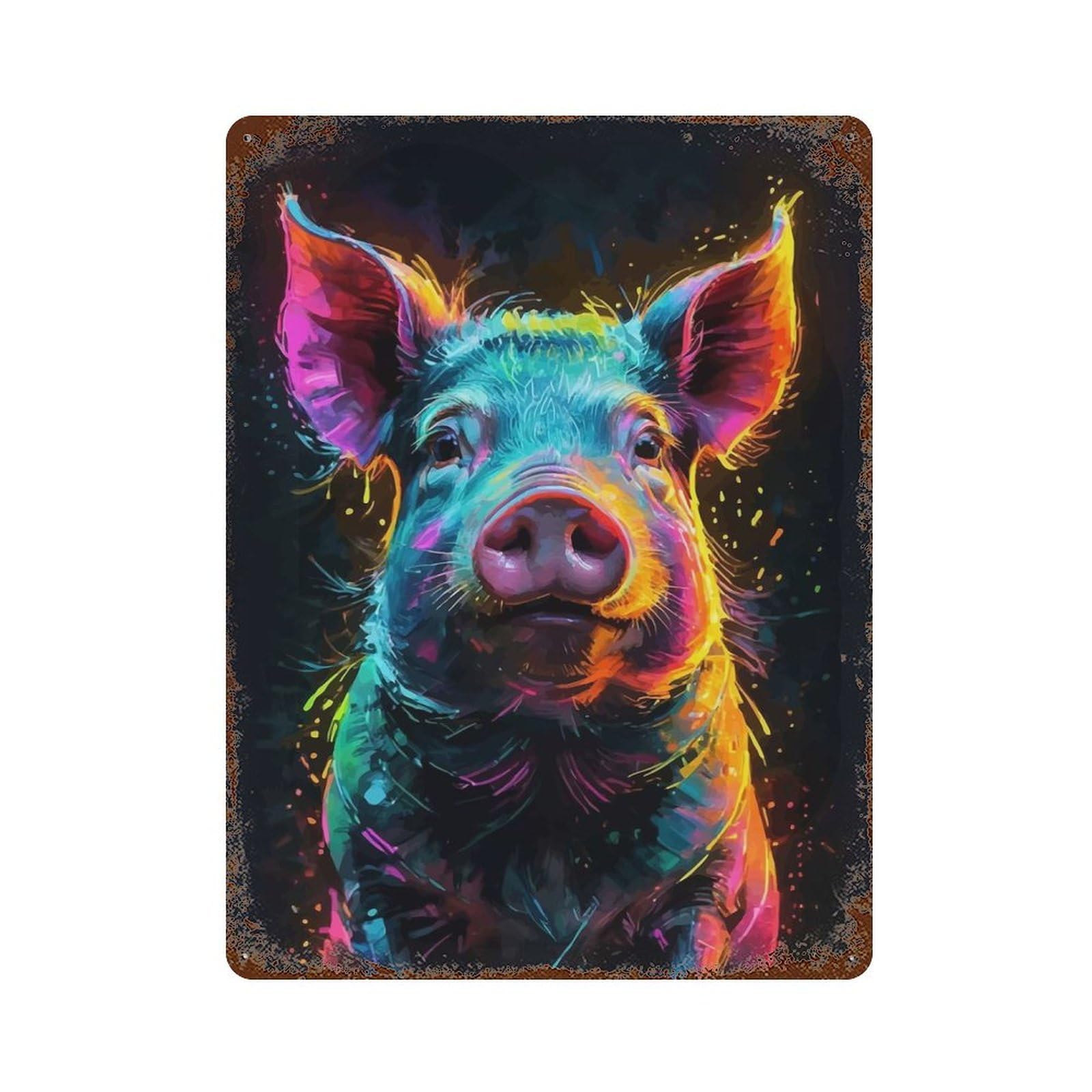 Neon Pig Watercolor Portrait Rustic Tin Plaque 15.7"x11.8", Rustic Home Decor for Office, Studio And Wall Decor