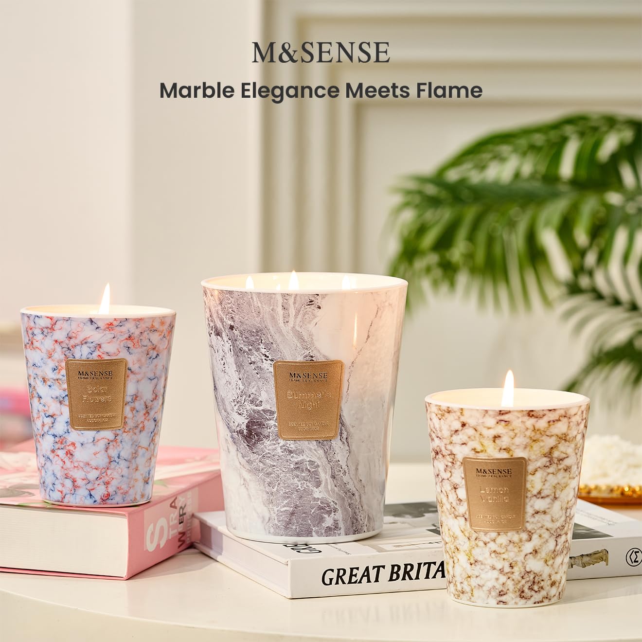 M&SENSE 990 g Vela aromática grande | Velas perfumadas de limón y vainilla en tarro | Velas naturales de cera de soja | Regalo para mujeres y hombres, Navidad|150 h de combustión y 3 mechas, Home