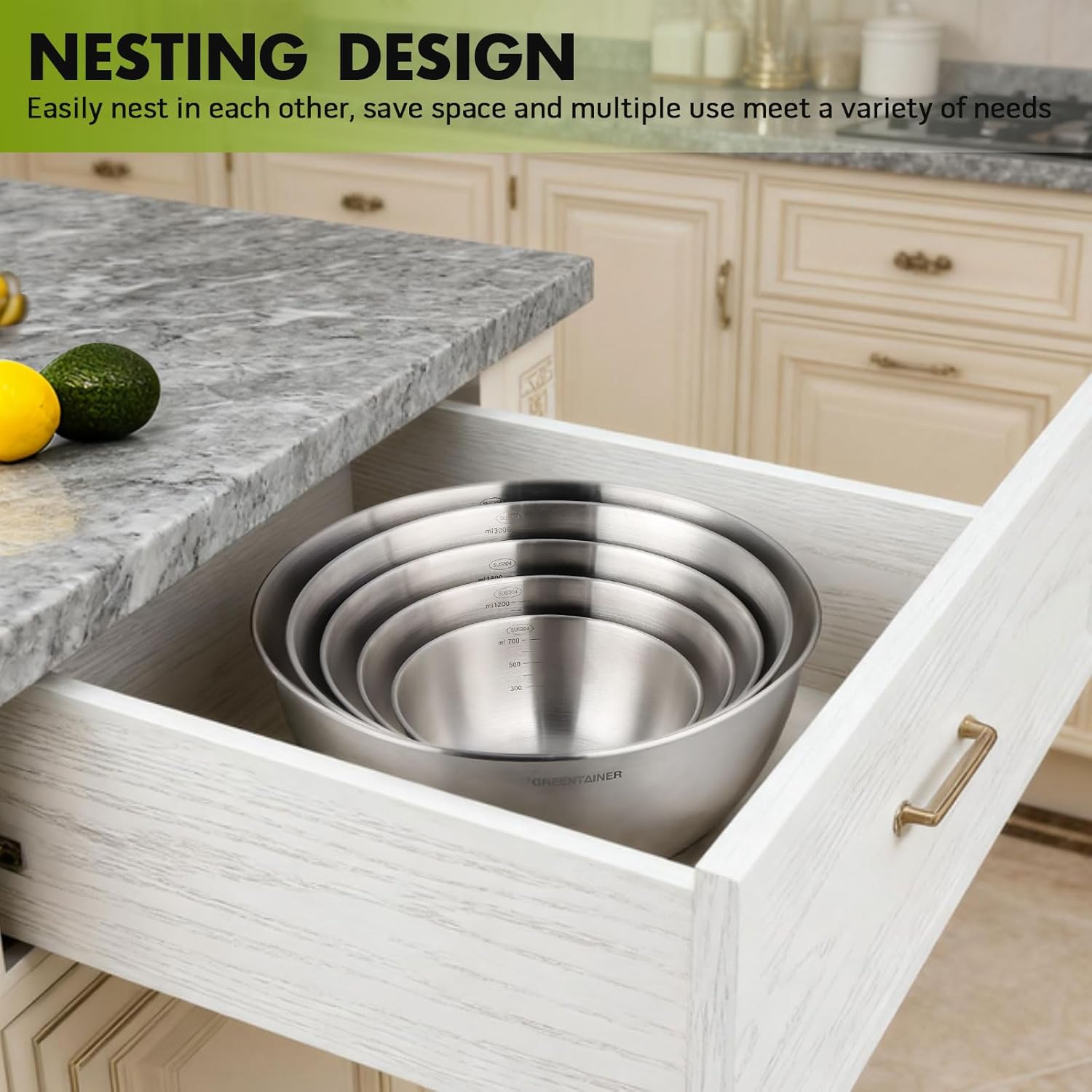 5-Piece Stainless Steel Mixing Bowls Set for Kitchen, Nesting Bowls for Mixing, Baking, Prepping, Cooking and Serving Food, Metal Mixing Bowls Dishwasher Safe