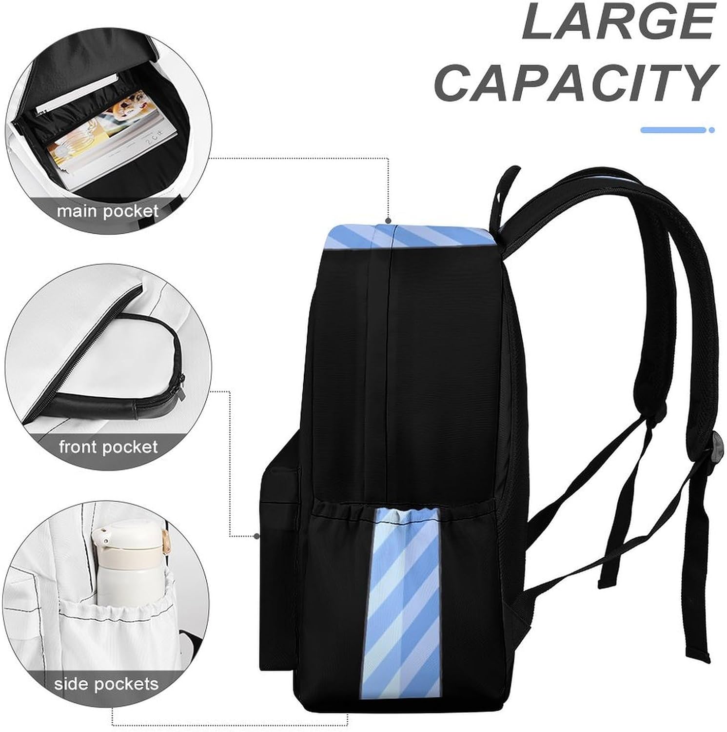 Blue Stripe Tie Casual Backpack Daypack 16.5 Inch Fashion Double Shoulder Bag for Women