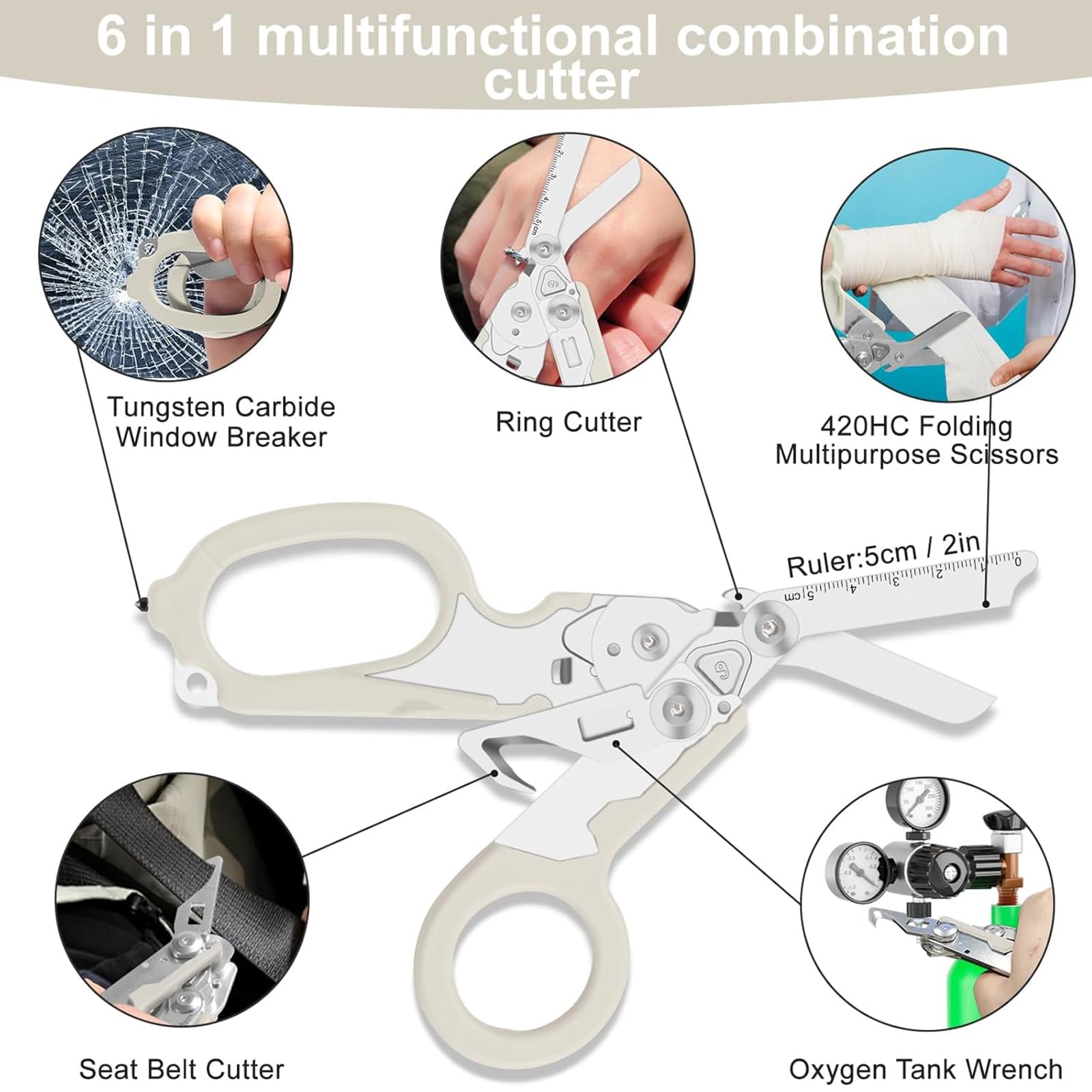 Ciseaux de sauvetage Ciseaux Traumatologiques Ciseaux de Traumatologie Pliables 6 en 1 Ciseaux D'urgence Pour Services Professionnels De Sauvetage, Camping En Plein Air (Blanc)