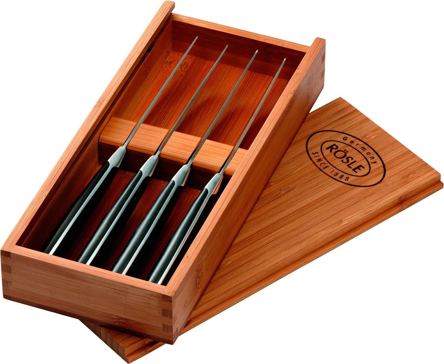 RÖSLE Steakbesteck 4-tlg., Hochwertige Steakmesser mit scharf geschliffener Klinge aus Klingenspezialstahl mit passender Steakgabel, POM, inkl. praktischer Holzbox, 25 x 11 x 4 cm