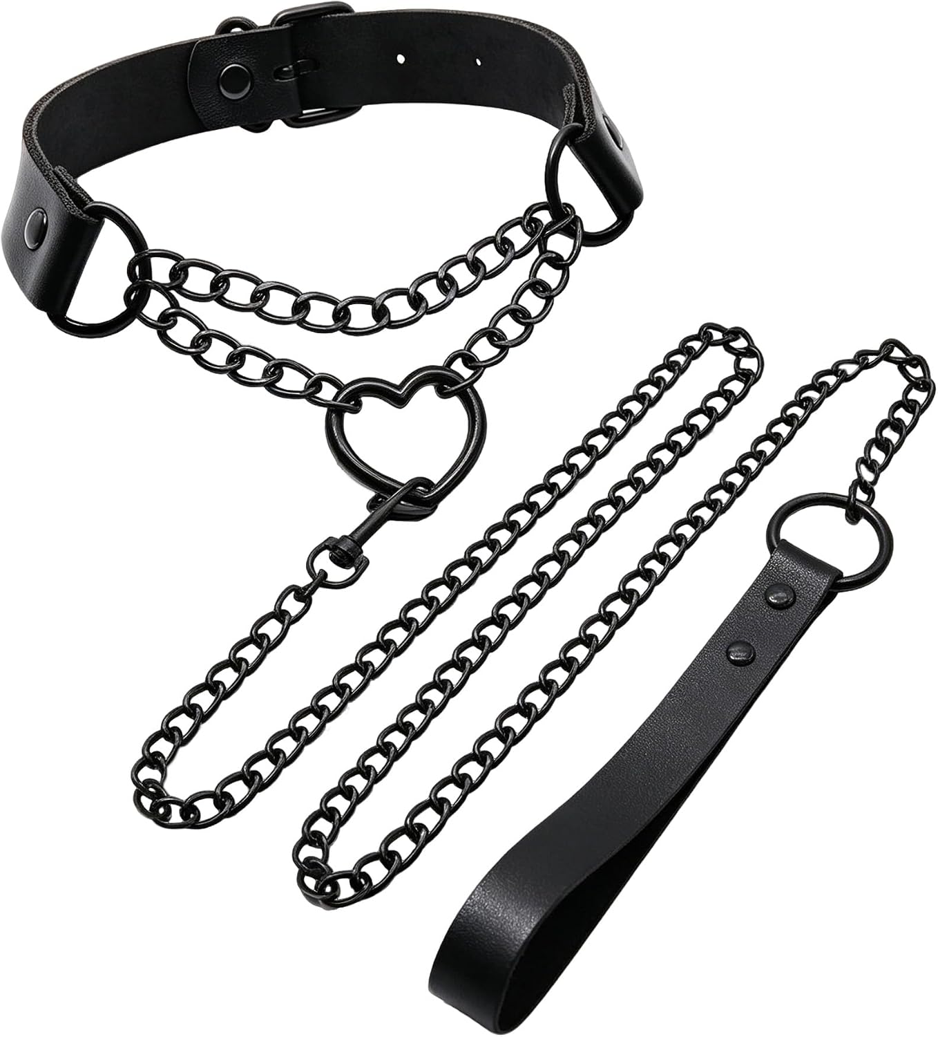 Heart Leather Collar Body Chain Leash Set for Punk Gothic Emo Women 15"-18"