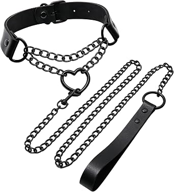 Black Heart Choker Necklace for Women, Leather Collar with Body Chain Leash