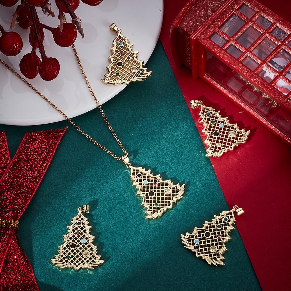 Beebeecraft Gold Christmas Tree Charms Real 18K Gold Plated Brass Cubic Zirconia Xmas Colorful Pendant Charms for DIY Jewelry Making