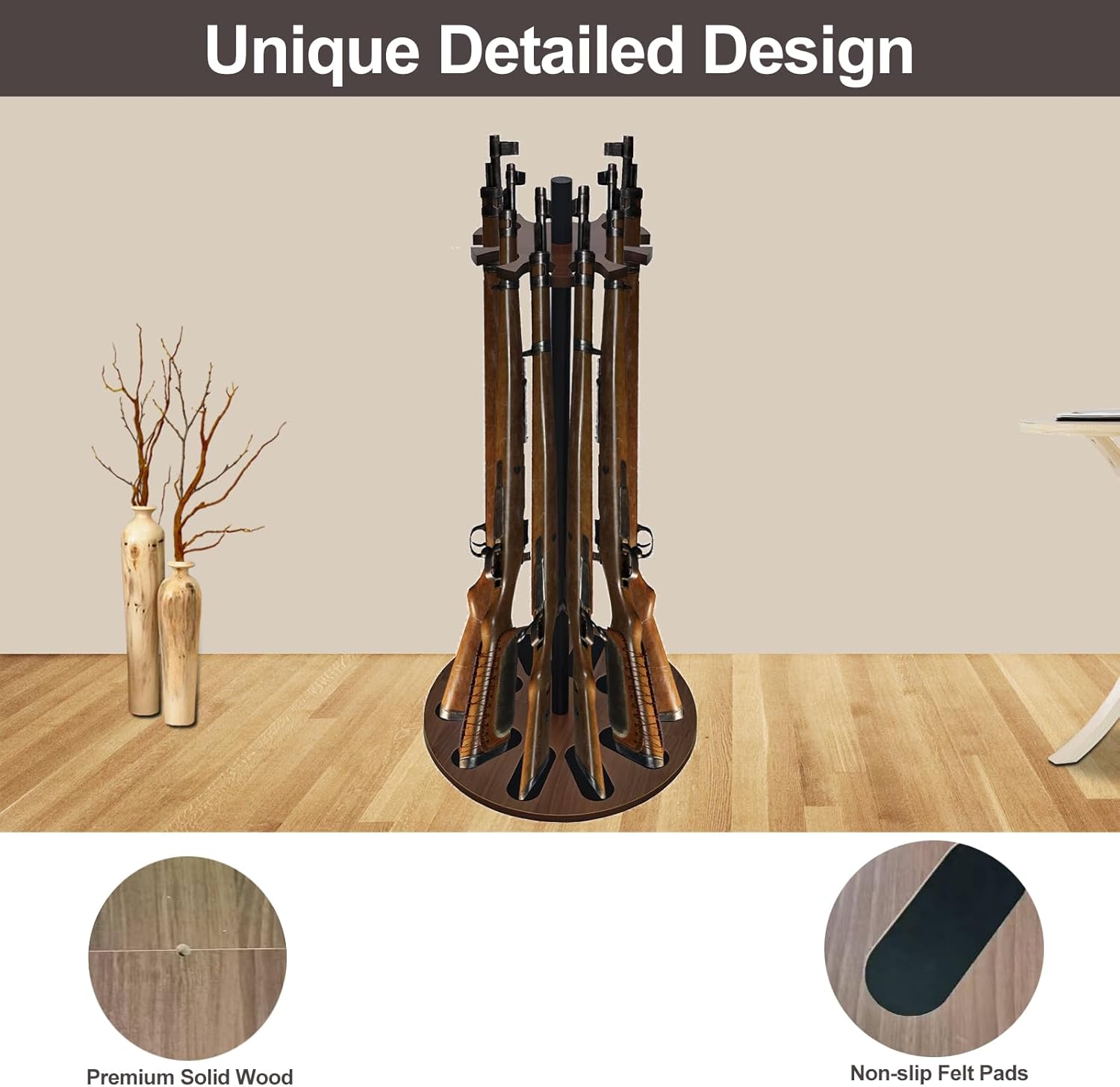 Heavy Duty Wood Gun Rack, Round Rotating Vertical Gun Rack - Floor Standing Rifle Rack Holds Up to 10 Long Guns, Indoor Gun Racks with Soft Padding for Rifle/Shotgun Storage, Gun Display Stand for Safe & Garage
