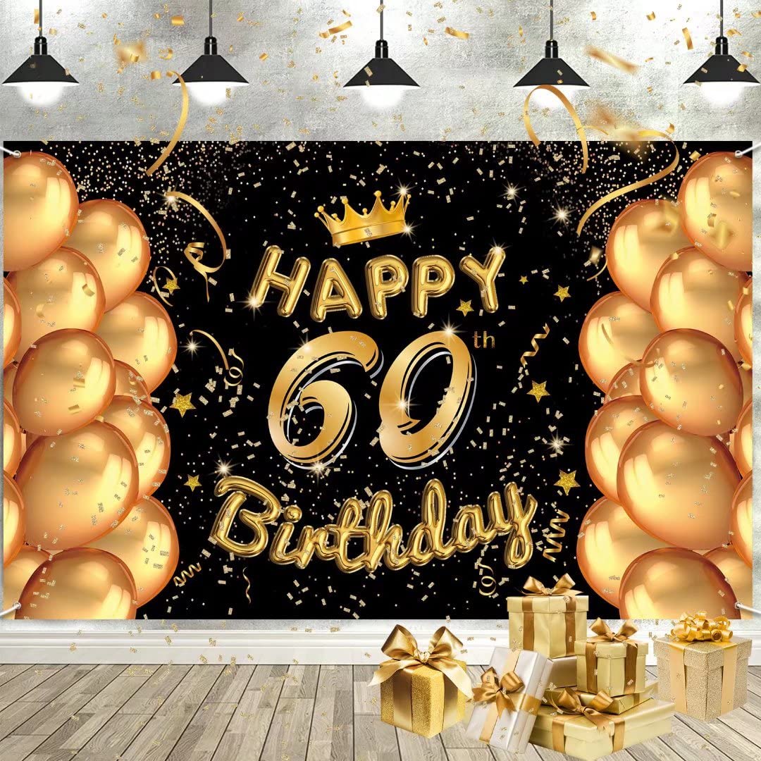 Men Women 60th Birthday Banner - Black Gold, Extra Large Party Decorations, Happy Birthday Background