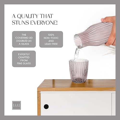 Miniatura 8 de elle decor Jarra de agua acanalada con juego de vaso, jarra de vidrio acanalado y vaso a juego que se dobla como tapa, jarra de 39 onzas para