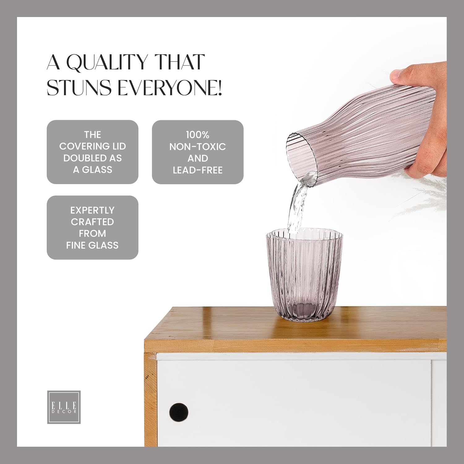 elle decor Ribbed Bedside Water Carafe with Tumbler Set | Ribbed Glass Pitcher and Matching Drinking Glass Doubles as Lid | 39-Ounce Jug for Guest Room, Office, or Gift | 4” x 9.5” (Smoke Gray) - Image 7