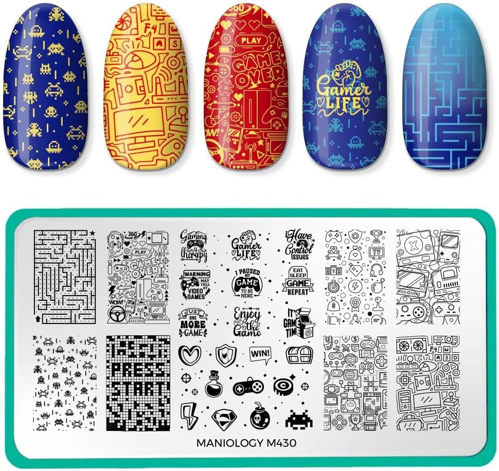 Maniology Press Start Nail Stamping Plate | Game Over, Gamer Console Designs & Video Games Pattern for Gaming-Theme DIY Manicures – Reusable, Rectangular Stainless Steel Nail Art Template
