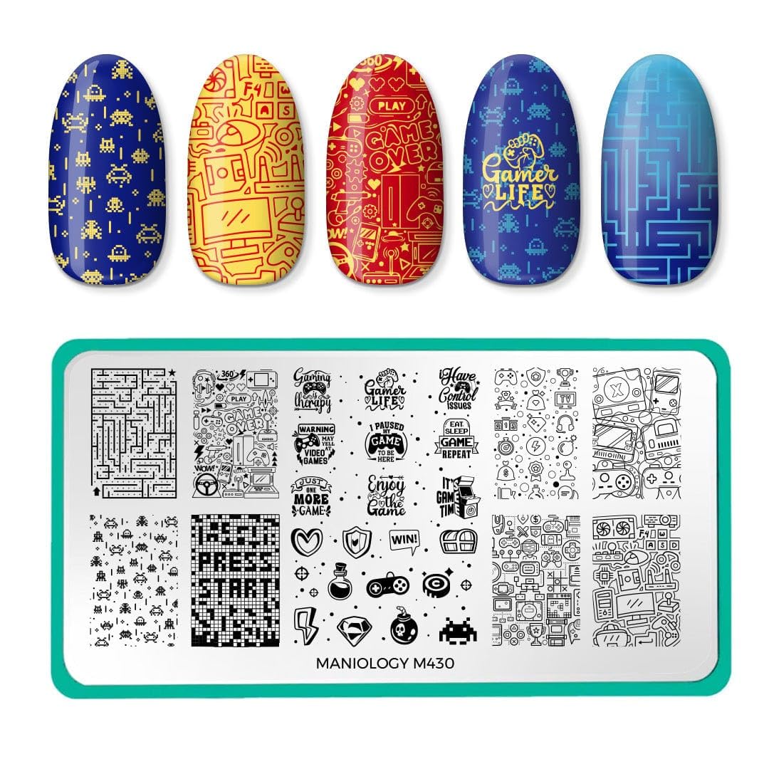 Maniology Press Start Nail Stamping Plate | Game Over, Gamer Console Designs & Video Games Pattern for Gaming-Theme DIY Manicures – Reusable,