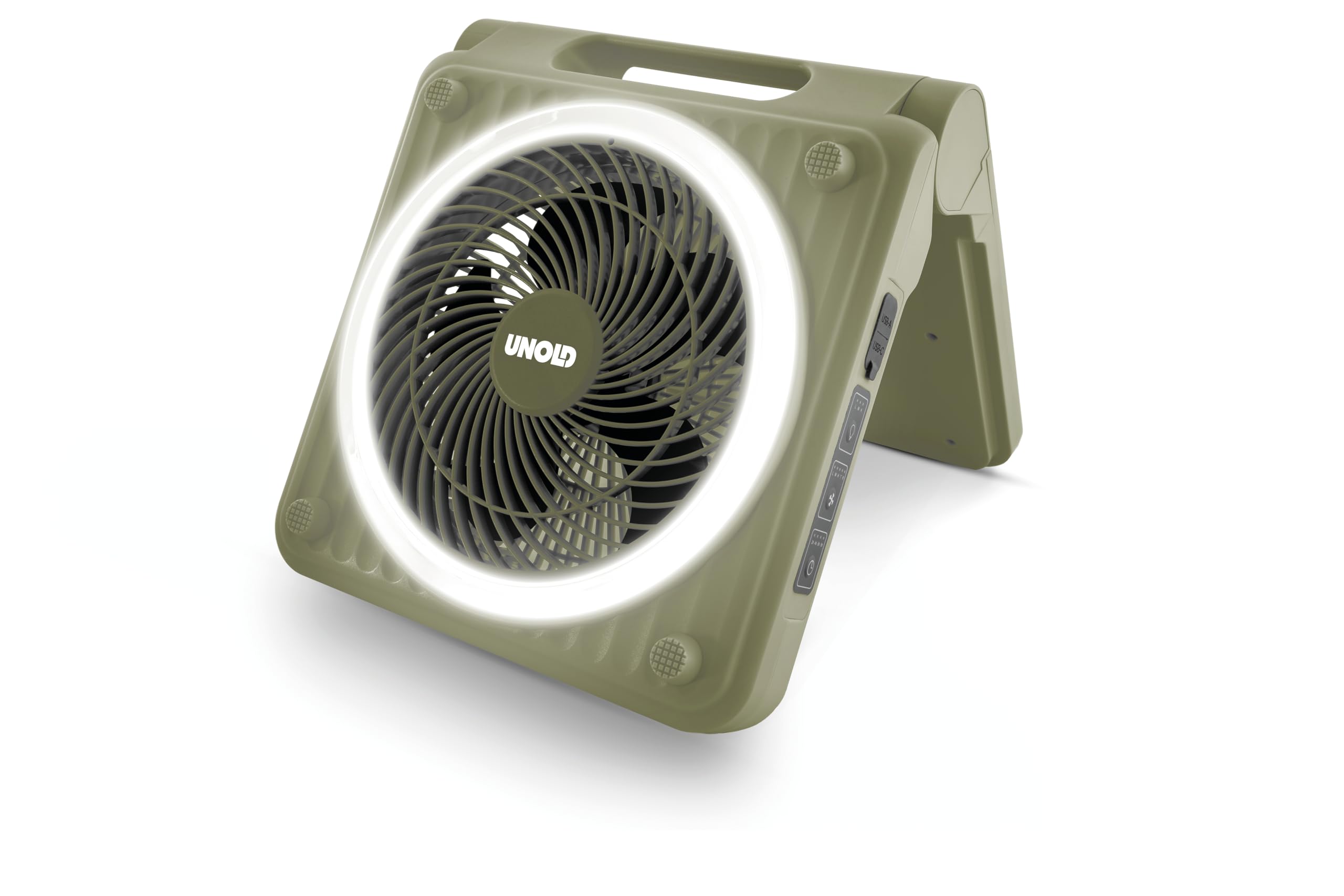 Unold 86516 Standventilator – Solarventilator für Camping | Akku-Solar-Ventilator mit LED-Beleuchtung | 5 Geschwindigkeitsstufen | Bis zu 24h Laufzeit | 5000 mAh Batterie | Grün