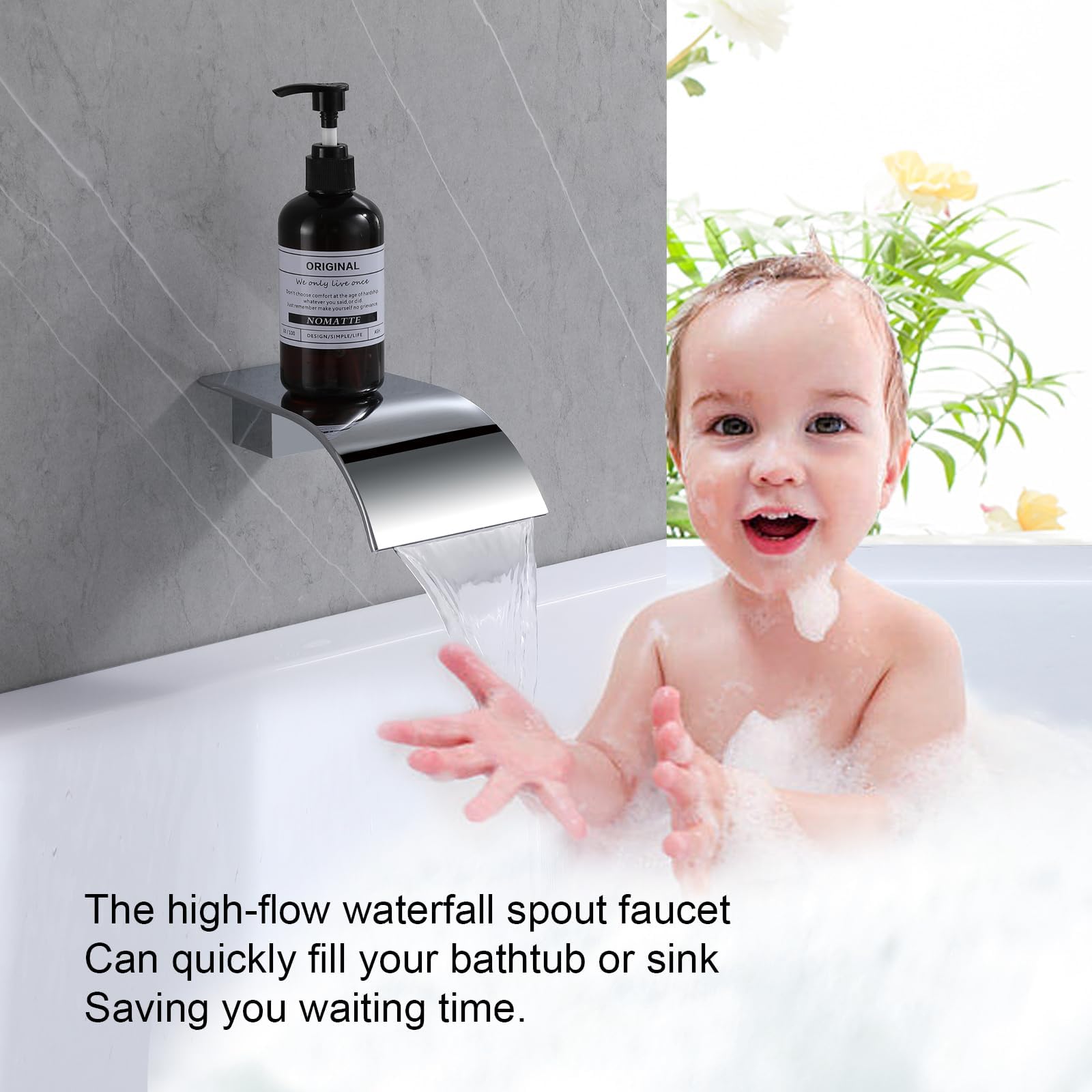 Bec de robinet de baignoire, pulvérisateur de robinet cascade à haut débit, robinet d'évier de navire, bec cascade de salle de bain, bec de douche de rechange attachmen, chrome